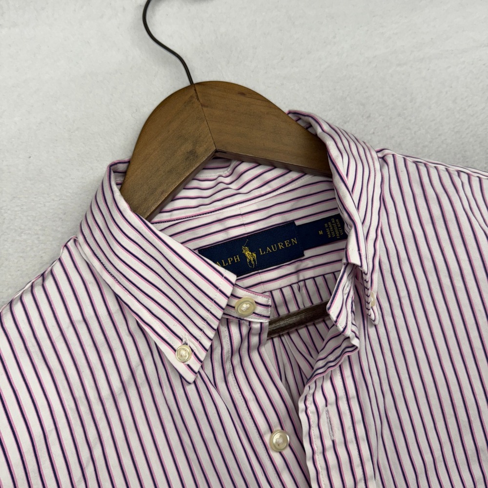 Ralph Lauren Button Down Shirt Mens Medium Pink White Striped Preppy Oxford Pony